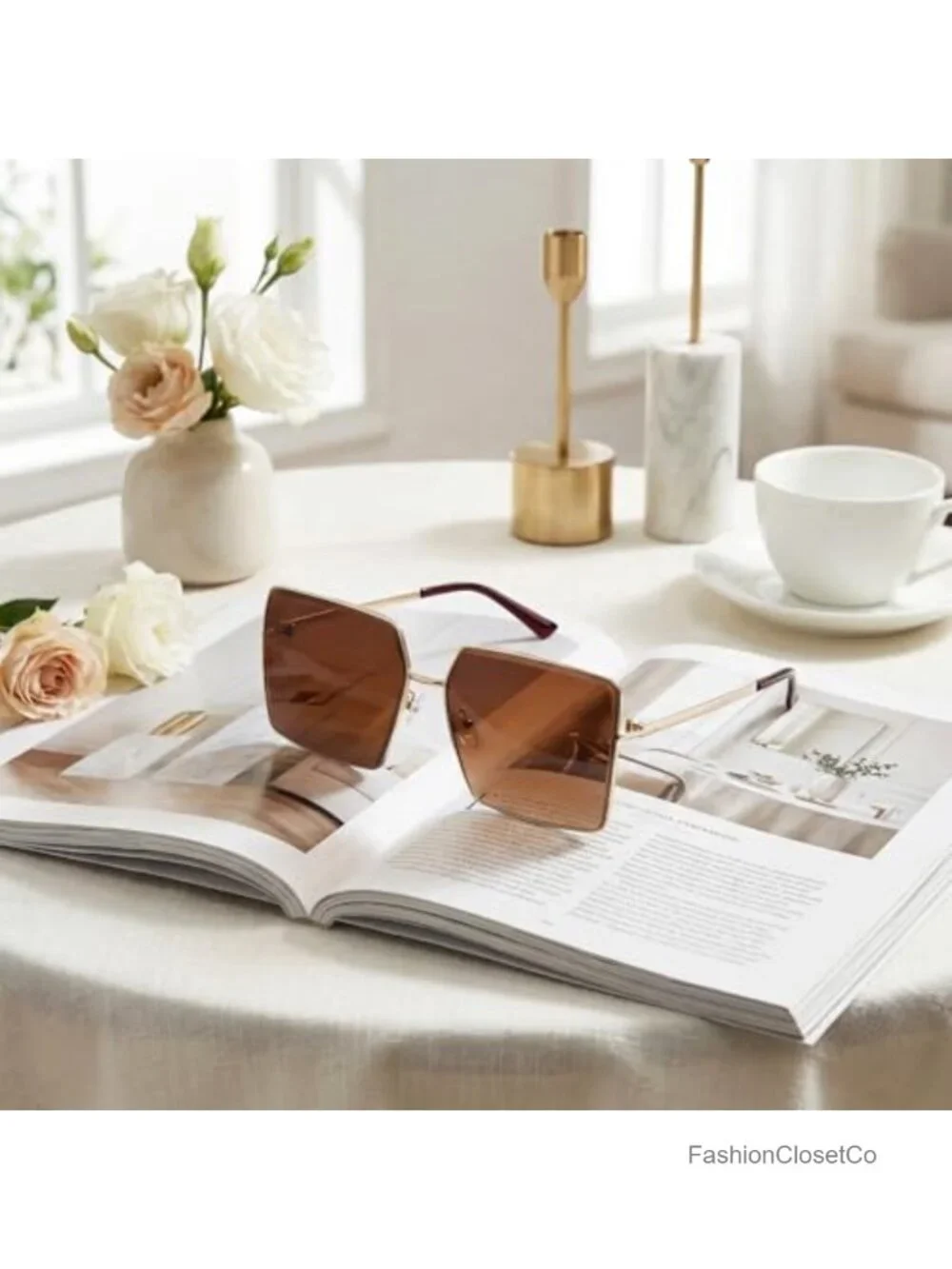 Oversized Square Sunglasses for Women Retro Metal Frame UV Protection
